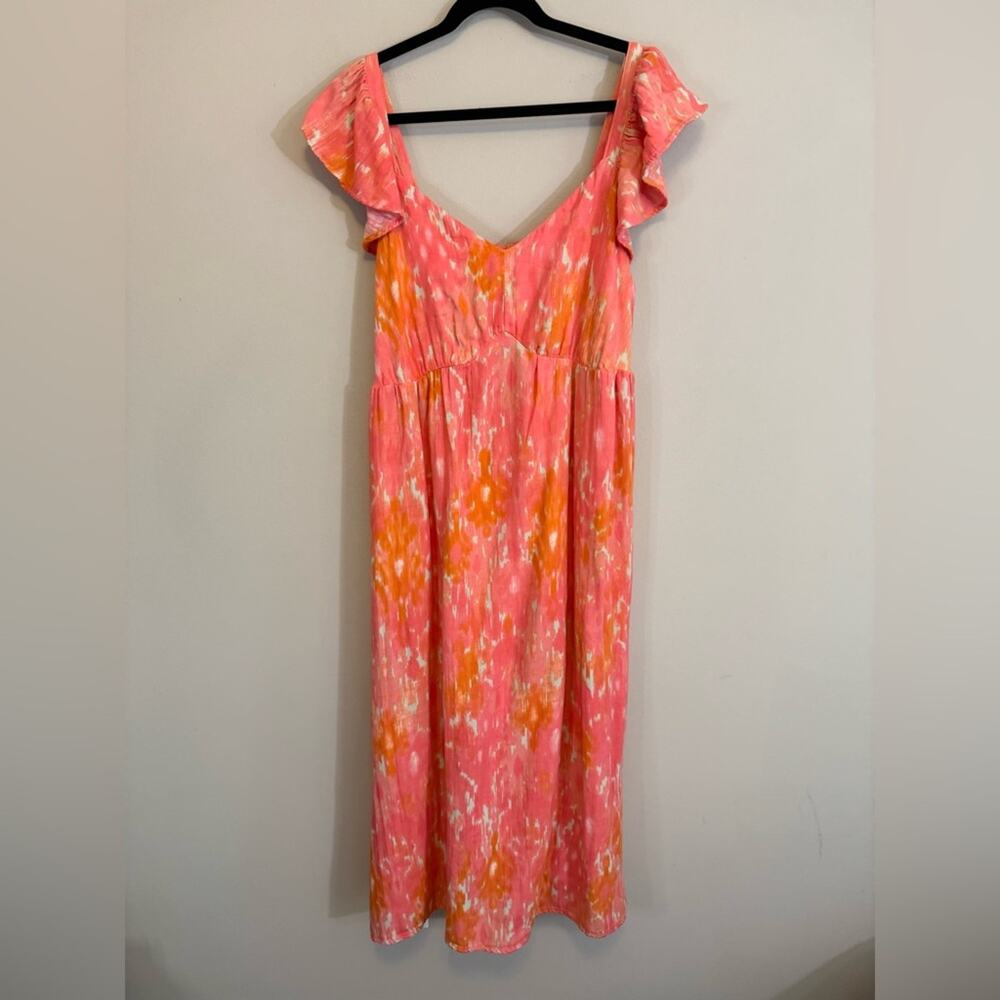 Time and Tru Women's Pink Orange Ikat Floral Flutter‎ Sleeve Dress Size XXL